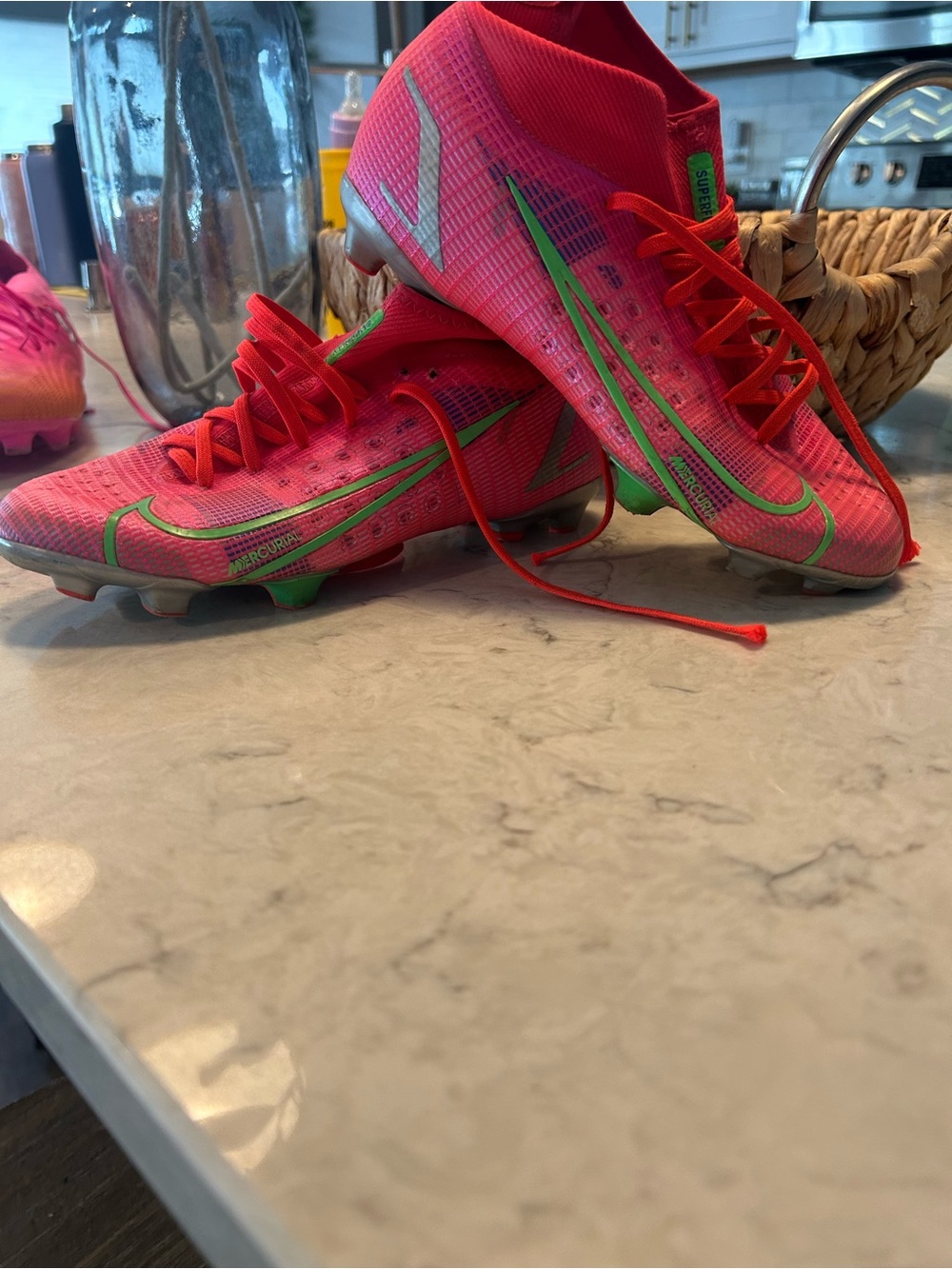 Nike Kids Pink Mercurial Soccer Cleats with Green Accents,